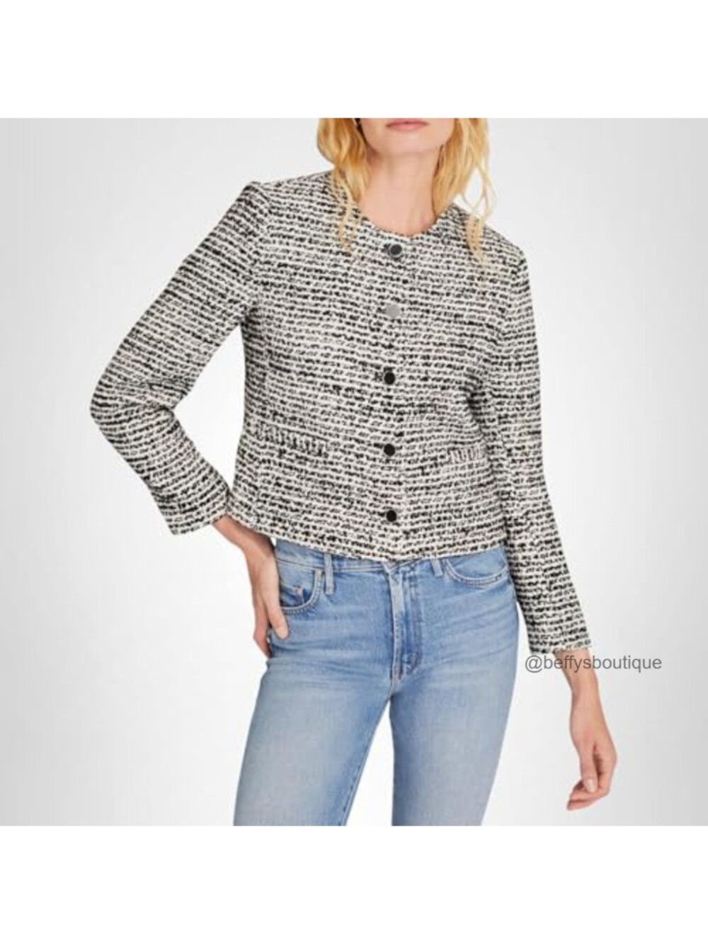 Boucle Cropped Collarless Button Jacket Wool Blend Business Casual